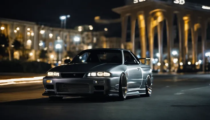 A 1999 Nissan Silver R33 lowered wide body,  car body molded as if it was in the movie Tron legacy, LED strips light up all the body lines of the car, night city background, motion blurr