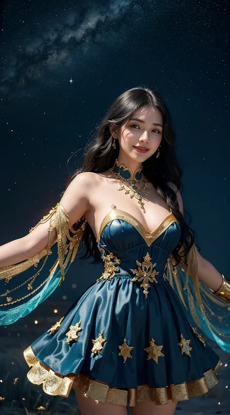 A brave girl with gold,(Her body is decorated with intricacies,Diamonds and Julie),Black long hair,full bodyesbian,full lenght shot,glowing dress,Perfect anatomy, ((Fully exposed)),Discovering,Masterpiece,8K,(Blue sky),stars,Glowing Jews,(Very, very transp...