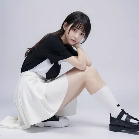 女の子1人、(Photorealsitic:1.4)、独奏、White background、A dark-haired、long、Absolute area、skirt by the、((full body Esbian))、knee sox　blanche