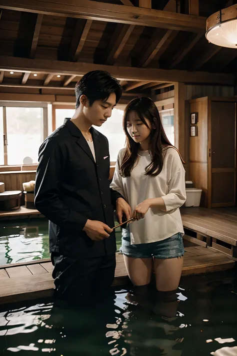 Korean man and woman couple fishing at indoor fishing pond