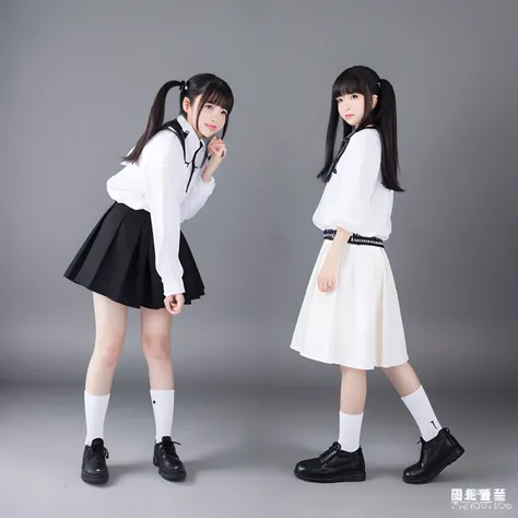 女の子1人、(Photorealsitic:1.4)、独奏、White background、A dark-haired、long、Absolute area、skirt by the、((full body Esbian))、knee sox　blanche