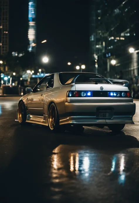 A 1999 Nissan Silver R33 lowered wide body,  car body molded as if it was in the movie Tron legacy, Blue LED strips light up all the body lines of the car, night city background, motion blurr