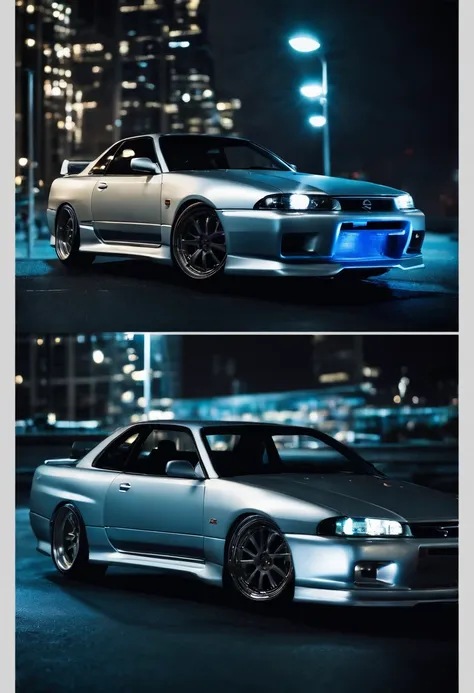 A 1999 Nissan Silver R33 lowered wide body,  car body molded as if it was in the movie Tron legacy, Blue LED strips light up all the body lines of the car, night city background, motion blurr