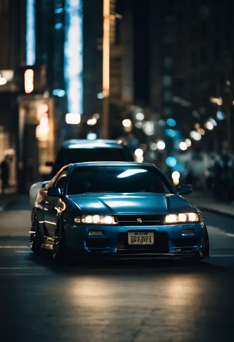 A 1999 Nissan Silver R33 lowered wide body,  car body molded as if it was in the movie Tron legacy, Blue LED strips light up all the body lines of the car, night city background, motion blurr