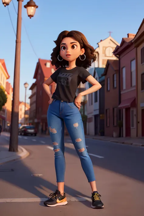 Um mulher morena baixinha tenho 1,58 tall has short curly dark brown hair has light brown eyes has tattoo is wearing a black t-shirt, black jeans, black Nike sneakers, silver Disney Pixar hoop earring