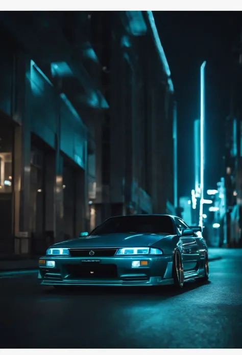 A 1999 Nissan Silver R33 lowered wide body,  car body molded as if it was in the movie Tron legacy, Blue LED strips light up all the body lines of the car, night city background, motion blur, a close up of a car with a glowing blue stripe on the hood, tron...