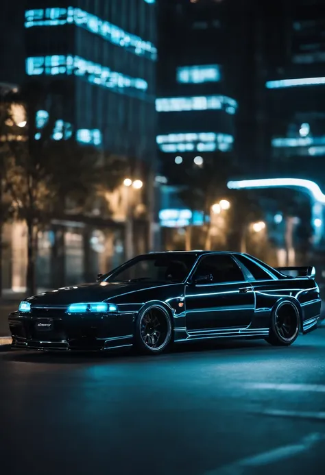 A 1999 Nissan Silver R33 lowered wide body,  car body molded as if it was in the movie Tron legacy, Blue LED strips light up all the body lines of the car, night city background, motion blur, a close up of a car with a glowing blue stripe on the hood, tron...