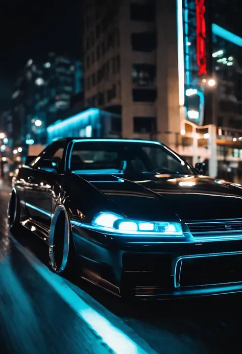 A 1999 Nissan Silver R33 lowered wide body,  car body molded as if it was in the movie Tron legacy, Blue LED strips light up all the body lines of the car, night city background, motion blur, a close up of a car with a glowing blue stripe on the hood, tron...