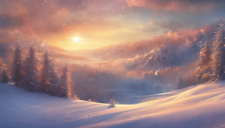 at winter season，Oyuki，snow landscape，（（（Rime））），the setting sun，thin fog，Dingdall effect，super-fine，tmasterpiece，8K，depth of fields，ultra - detailed，Meticulous portrayal，Ultra photo realsisim，Hyper-realistic