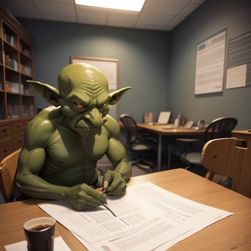 office room, Filled with meter-tall green goblins, sitting at tables with papers and documents. higly detailed. Top Quality.