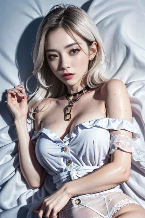 maidennurse、Bare-skinned maiden、Viscous clear liquid、(Lie face up)、Hands separated by chains、strife、（(Off-shoulder translucent white blouse))、(Loose dark blue tie)、((Translucent wet white panties))、Silver-white hair、(blue eyess)、（Full Body Angle）、