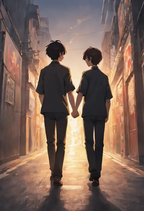 Two Asian boys, holding hands, back, in the middle of the road, looking back slightly, delicate, brunette, Asian