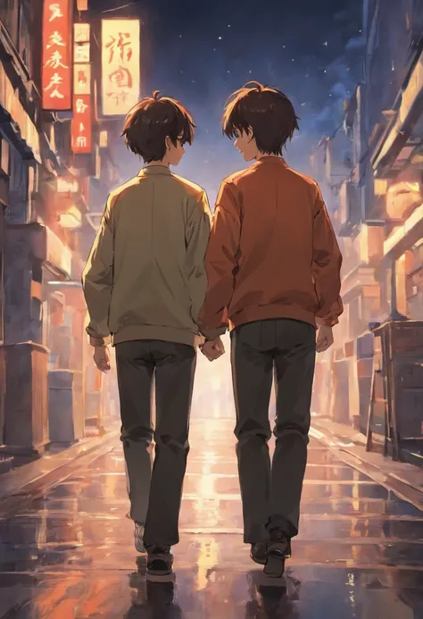 Two Asian boys, holding hands, back, in the middle of the road, looking back slightly, delicate, brunette, Asian