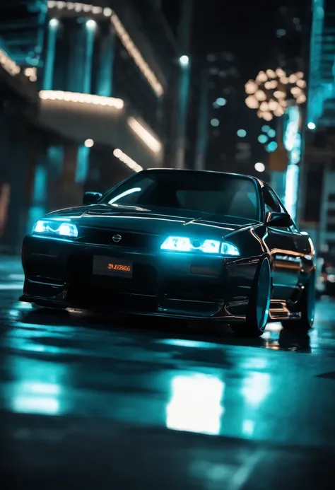 A 1999 Nissan Silver R33 lowered wide body,  car body molded as if it was in the movie Tron legacy, Blue LED strips light up all the body lines of the car, night city background, motion blur, a close up of a car with a glowing blue stripe on the hood, tron...