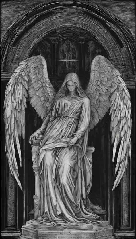 A stone statue of a female angel，Wearing a white robe，There was blood on the robe，The angel stands on a circular stone platform，In the church，The angel has a pair of angel wings on his back，There are a lot of lit candles at your feet，There was blood everyw...