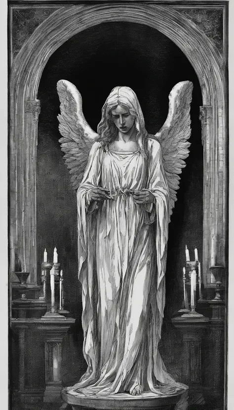 A stone statue of a female angel，Wearing a white robe，There was blood on the robe，The angel stands on a circular stone platform，In the church，The angel has a pair of angel wings on his back，There are a lot of lit candles at your feet，There was blood everyw...