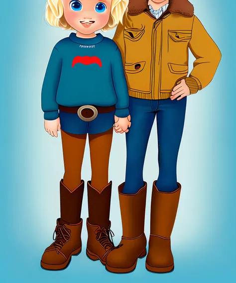 Disney Pixar poster, couple of a blonde haired girl with blue eyes wearing bellbottoms and boots, with a tall brown haired blue collar boy with blue green eyes and a mustache