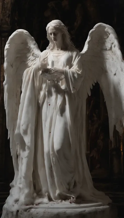 A female angel statue wearing a white robe with blood stains. The angel stands on a circular stone pedestal inside a church. The angel has a pair of angel wings on her back. Many lit candles are placed around her feet, and there are bloodstains everywhere....