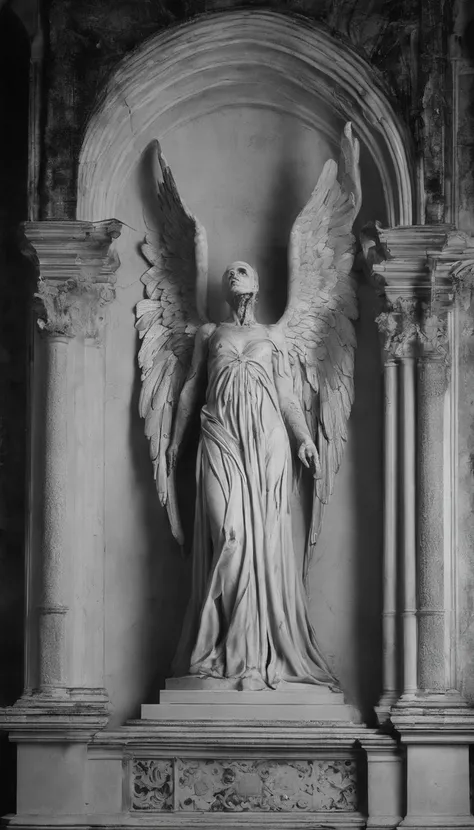 A stone statue of a female angel，Wearing a white robe，There was blood on the robe，The angel stands on a circular stone platform，In the church，The angel has a pair of angel wings on his back，There are a lot of lit candles at your feet，There was blood everyw...