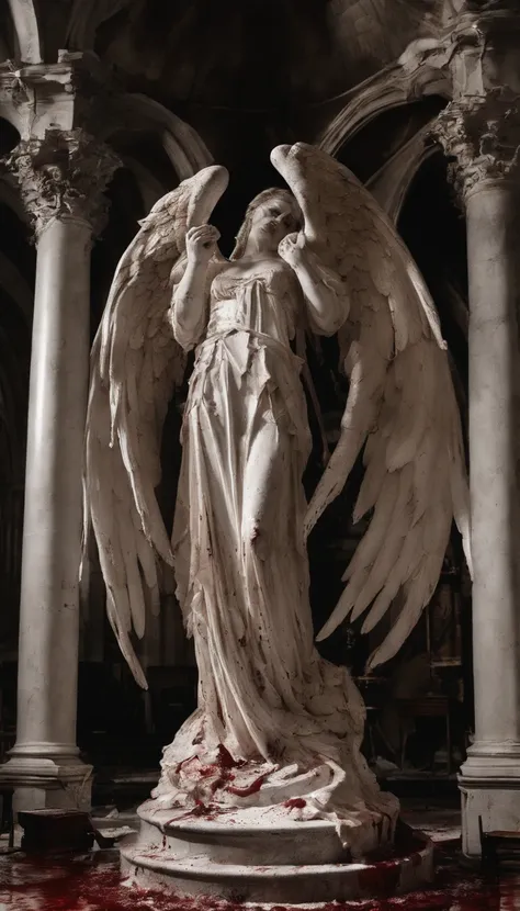 (a statue of a female angel), (a white, blood-stained robe), (standing on a circular stone pedestal inside a church), (with a pair of angel wings on her back), (surrounded by many lit candles), (bloodstains everywhere), (traces of blood running down her fa...