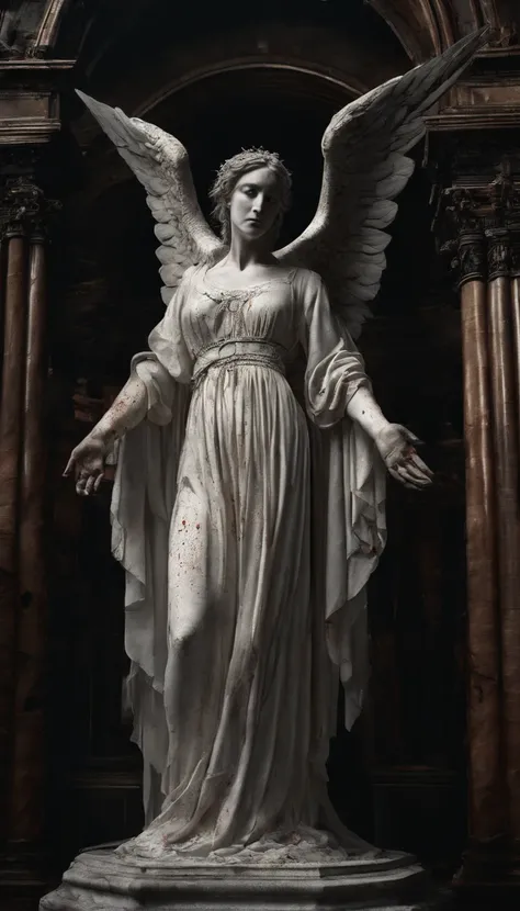 a statue of a female angel, wearing a white flowing gown with bloodstains, standing on a circular stone pedestal inside a church, the angel has a pair of angel wings on her back, surrounded by numerous lit candles, with bloodstains scattered everywhere, te...