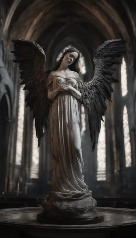 a statue of a female angel, wearing a white flowing gown with bloodstains, standing on a circular stone pedestal inside a church, the angel has a pair of angel wings on her back, surrounded by numerous lit candles, with bloodstains scattered everywhere, te...