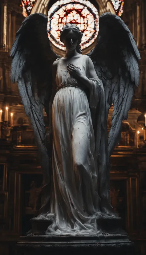 a statue of a female angel, wearing a white flowing gown with bloodstains, standing on a circular stone pedestal inside a church, the angel has a pair of angel wings on her back, surrounded by numerous lit candles, with bloodstains scattered everywhere, te...