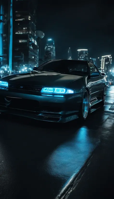 A 1999 Nissan Silver R33 lowered wide body,  car body molded as if it was in the movie Tron legacy, Blue LED strips light up all the body lines of the car, night city background, motion blur, a close up of a car with a glowing blue stripe on the hood, tron...