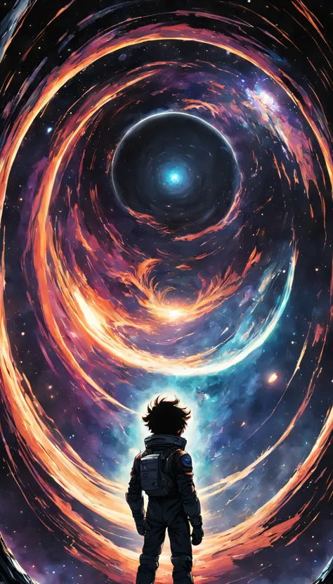 anime artwork, a austronaut looking to a black hole, anime style, key visual, vibrant, studio anime, highly detailed, a mysterious image, magical,fantasy, cosmic, dark,