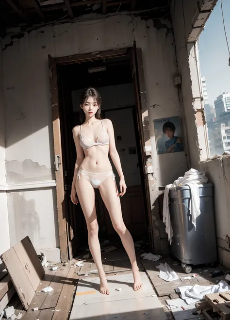 tmasterpiece，photograph realistic，abandoned building，In a room full of garbage，Dirty 1.5，Very beautiful 25 year old Korean girl，White transparent sexy lingerie exposed ，White transparent panties recede to the crotch，Leaky，very beautiful long slim legs，The ...