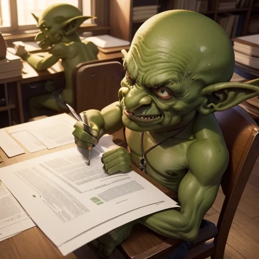 office room, Filled with half-meter green goblins, Sitting at tables with papers and documents. (More10 Goblins). higly detailed. Top Quality.