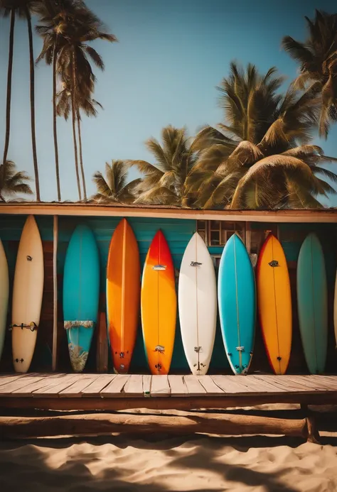 A collection of surfboards lined up against a colorful beach hut, with palm trees and clear blue skies, creating a tropical and vibrant atmosphere.