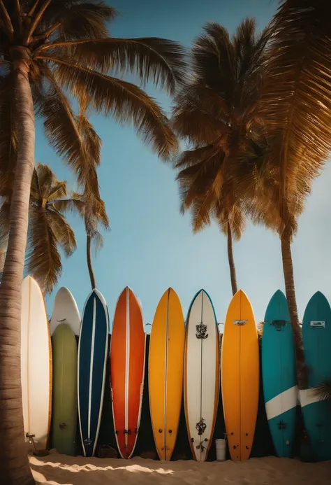 A collection of surfboards lined up against a colorful beach hut, with palm trees and clear blue skies, creating a tropical and vibrant atmosphere.