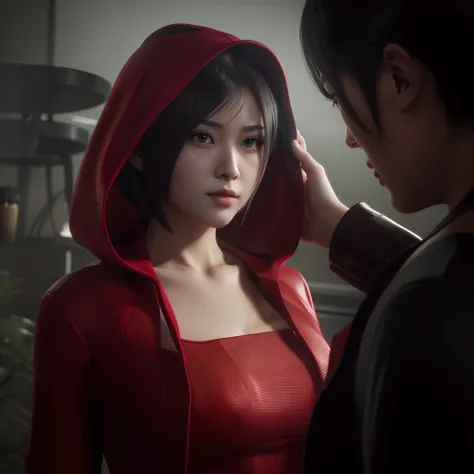 Ada wong, beautiful face, detailed, bob hair, perfect Face, wearing mini red dress hoody, wearing hoody, black nail polish, friendly face, shy, red heels, vg