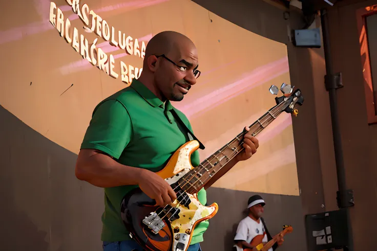 Homem negro careca com cavanhaque bem desenhado, tocando contrabaixo estilo fender Jazz Bass de cinco cordas na cor amarelada para laranja, alto e gordo e careca, camisa verde