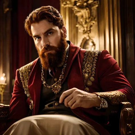 Produce a realistic depiction of a red-haired king with a majestic beard, vestido com trajes antigos reais e coroado, sentado imponentemente em um trono ornamentado. A cena deve transmitir autoridade e nobreza. Detalhes faciais, como rugas, Facial expressi...