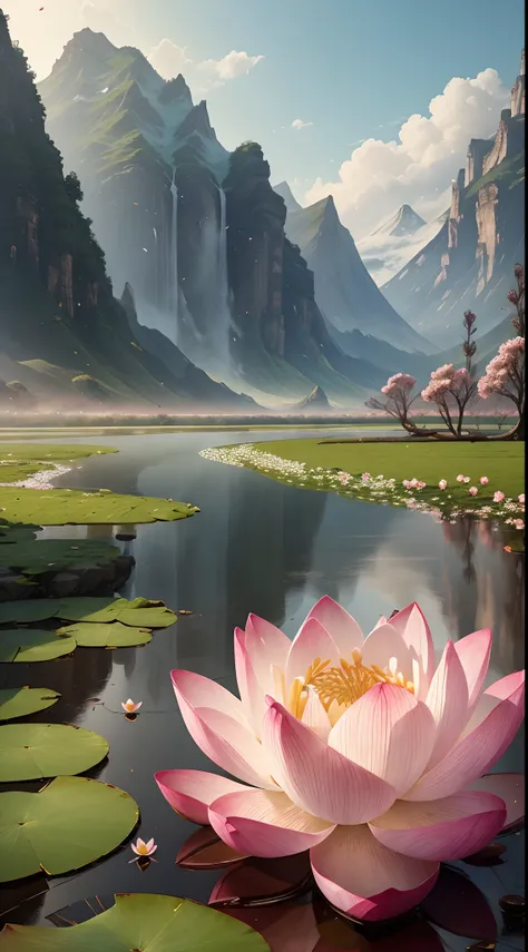 (Composition, Illustration, wide-shot) wide-shot, A lotus flower blooming((pure, one blossom)) in a field, ancient china, rivers mountains plum blossom petals in the background, camera focused on the flower, beautiful, elegant, super intricate, ultra detai...