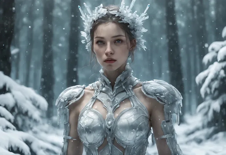 Futuristic transparent mechanical girl standing in a snowy forest, Arte conceitual de inverno, Snow and ice forest，The trees are full of ice flowers，Ice Mage, 4K fantasy art, 4K detailed digital art, ·, 4k highly detailed digital art, artgerm detailed, Ice...