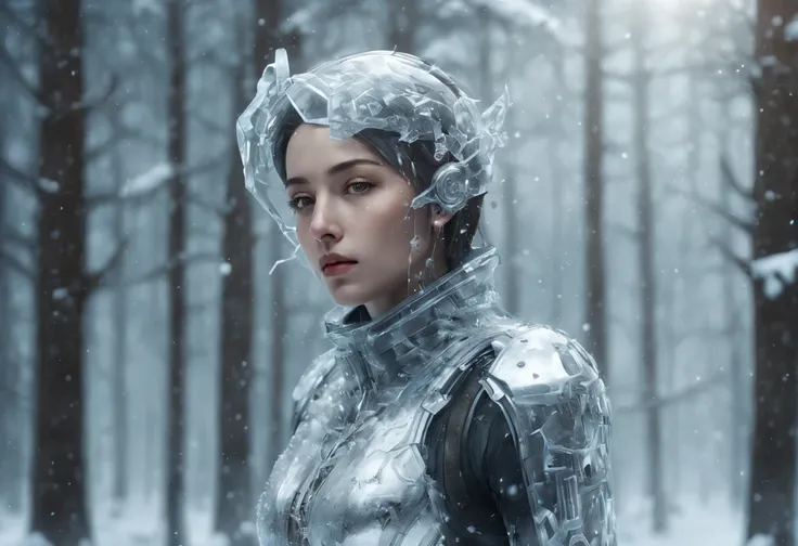 Futuristic transparent mechanical girl standing in a snowy forest, Arte conceitual de inverno, Snow and ice forest，The trees are full of ice flowers，Ice Mage, 4K fantasy art, 4K detailed digital art, ·, 4k highly detailed digital art, artgerm detailed, Ice...