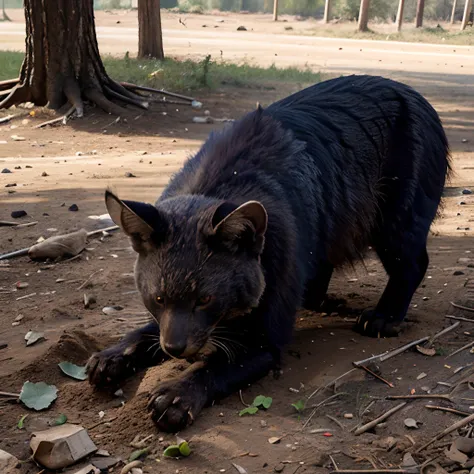 messy drawing, bad drawing, messy, dirt ground, dead binturong on dirt, tree debris