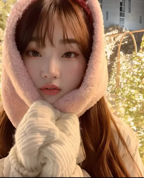 mulher arafed usando um capuz rosa e luvas em um parque, Lalisa Manobal, Ulzzang, Bae Suzy, Jinyoung Canela, wan adorable korean face, inspirado por Kim Jeong-hui, Lalisa Manoban do Blackpink, young adorable korean face, Jaeyeon Nam, Parque Ji-min, jennie ...