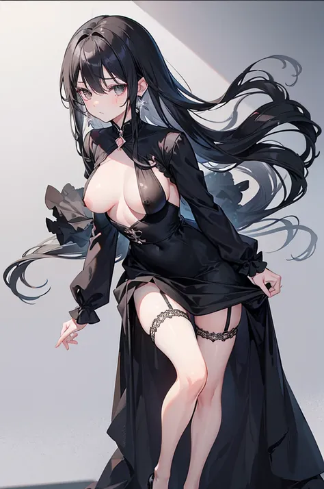 1 girl, black hair, wavy hair, very long hair, light gray eyes, small eyes, mature face, dropping eyes, big breasts, cameltoe, blurry background, erect nipples, black long dress, funeral, graves, pepperoni nipples, ahes, fog, forest, twist, earrings, white...