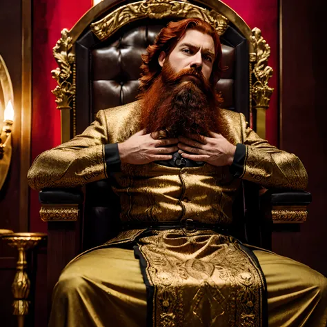 Produce a realistic depiction of a red-haired king with a majestic beard, vestido com trajes antigos reais e coroado, sentado imponentemente em um trono ornamentado. A cena deve transmitir autoridade e nobreza. Detalhes faciais, como rugas, Facial expressi...