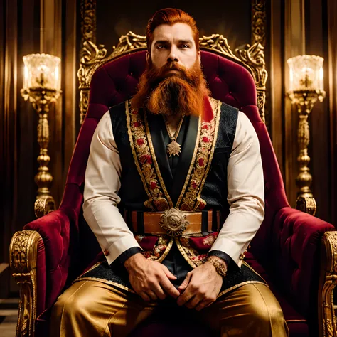 Produce a realistic depiction of a red-haired king with a majestic beard, vestido com trajes antigos reais e coroado, sentado imponentemente em um trono ornamentado. A cena deve transmitir autoridade e nobreza. Detalhes faciais, como rugas, Facial expressi...