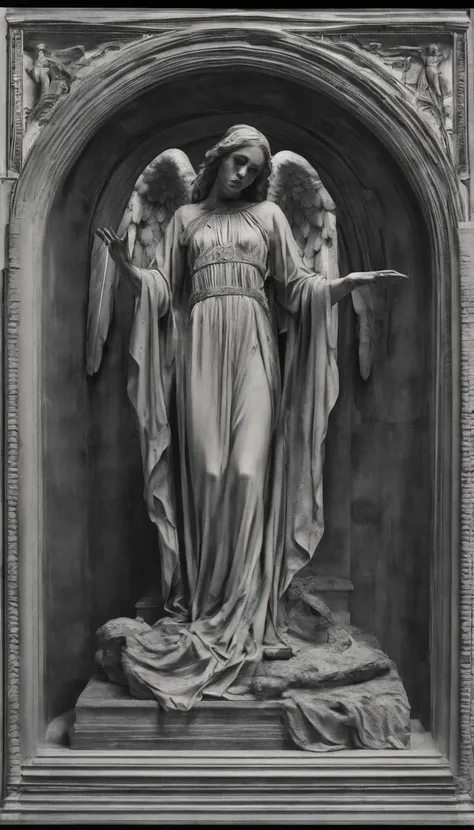 A stone statue of a female angel，s the perfect face，The angel has a pair of wings on his back，Wearing a robe，Stand on a circular stone platform，In the church，There are a lot of lit candles at your feet，There was blood on the robe，There was blood on the gro...