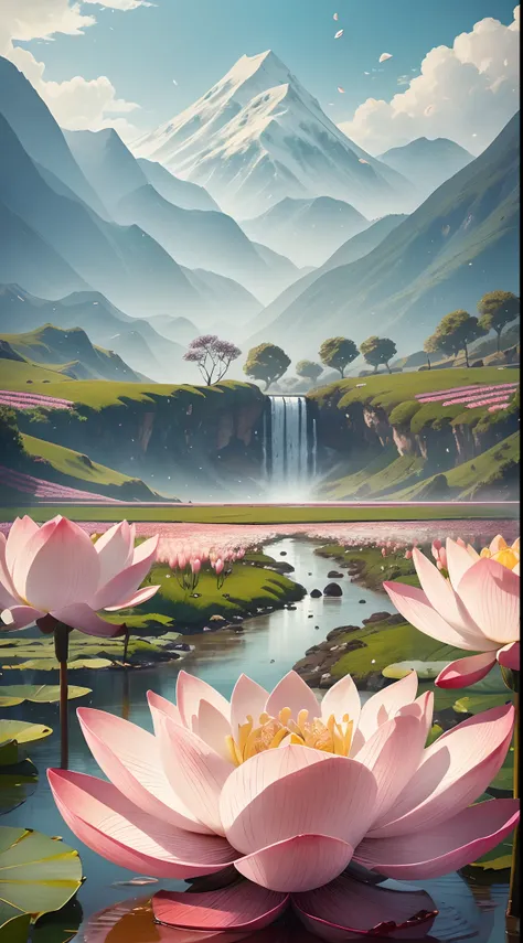 (Composition, Illustration, wide-shot) wide-shot, A lotus flower blooming((pure, one blossom)) in a field, ancient china, rivers mountains plum blossom petals in the background, camera focused on the flower, beautiful, elegant, super intricate, ultra detai...