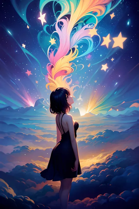 a painting of a girl reaching up to a star filled sky, inspired by Cyril Rolando, with stars, in style of cyril rolando, with the sky full of stars, girl looks at the space, dreamy art, makoto shinkai cyril rolando, dreamlike digital painting, dreamy psych...