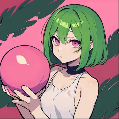 anime female short green hair and pink eyes holding a ball in his hands no background