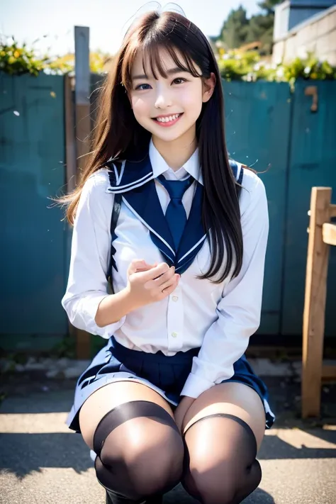 Professional, (4k photos:1.1) , bent at the knees、Wearing long leather boots、thigh high boots、thighs thighs thighs thighs、SM Queen、a smile、A slight smil、Cute Schoolgirl, Seifuku, a hyperrealistic schoolgirl, The long-haired、sailor shirt、School Girl, dresse...