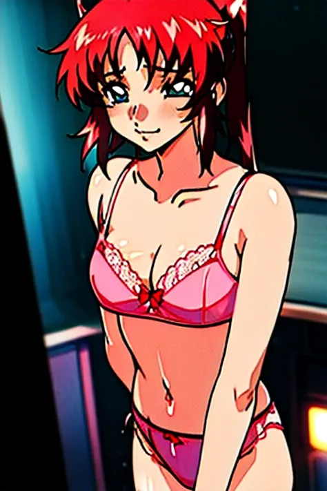 Meilin Hawk、Twin-tailed red hair、Beautiful eyes、very large udder、huge tit、爆乳、Underwear、Lace bra with light pink ruffles、Light pink bra shoulder straps、Light pink lace panties、(Changing clothes)、(((( Mei-Ling Hawk taking off his shirt、Dew bra、))))、beauty le...